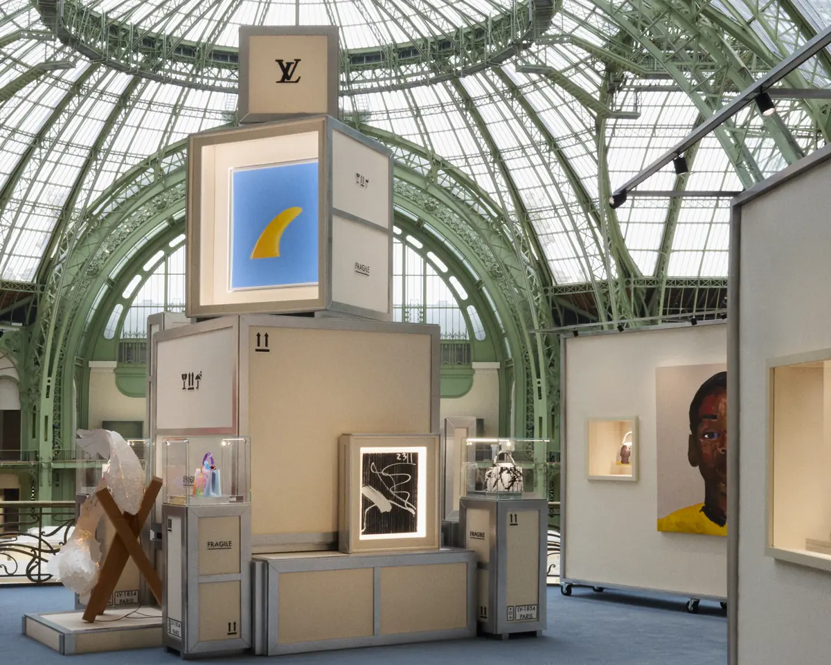 Louis Vuitton Artycapucines retrospective booth with Capucines bags and artworks at the Grand Palais