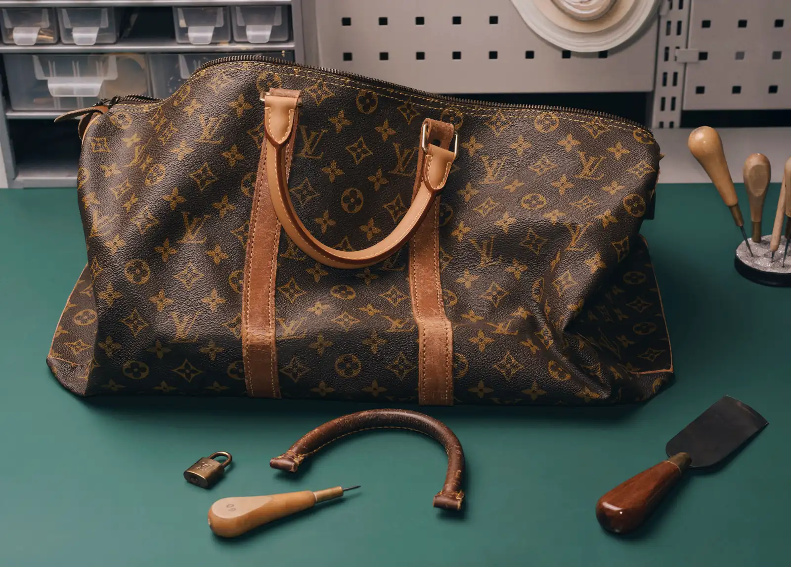 Louis Vuitton Care & Repair: Monogram Keepall laid out with replacement parts on an artisan workbench