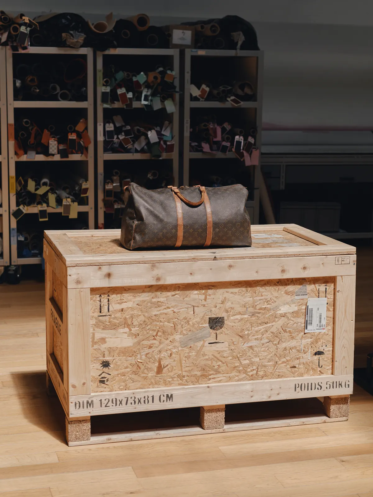 Louis Vuitton Care & Repair: restored bag on a Louis Vuitton shipping crate