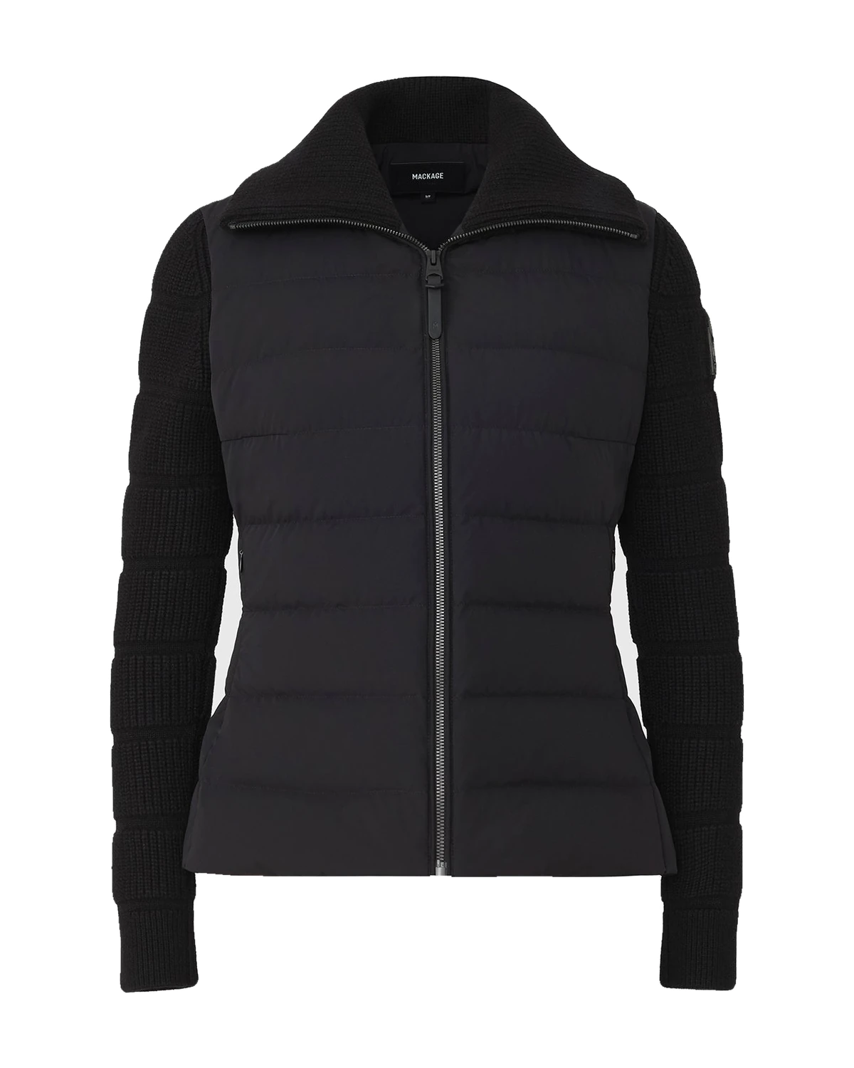 Mackage FEE-LWD black stretch down jacket with knit sleeves on a white background, one of the best luxury winter coats 2026
