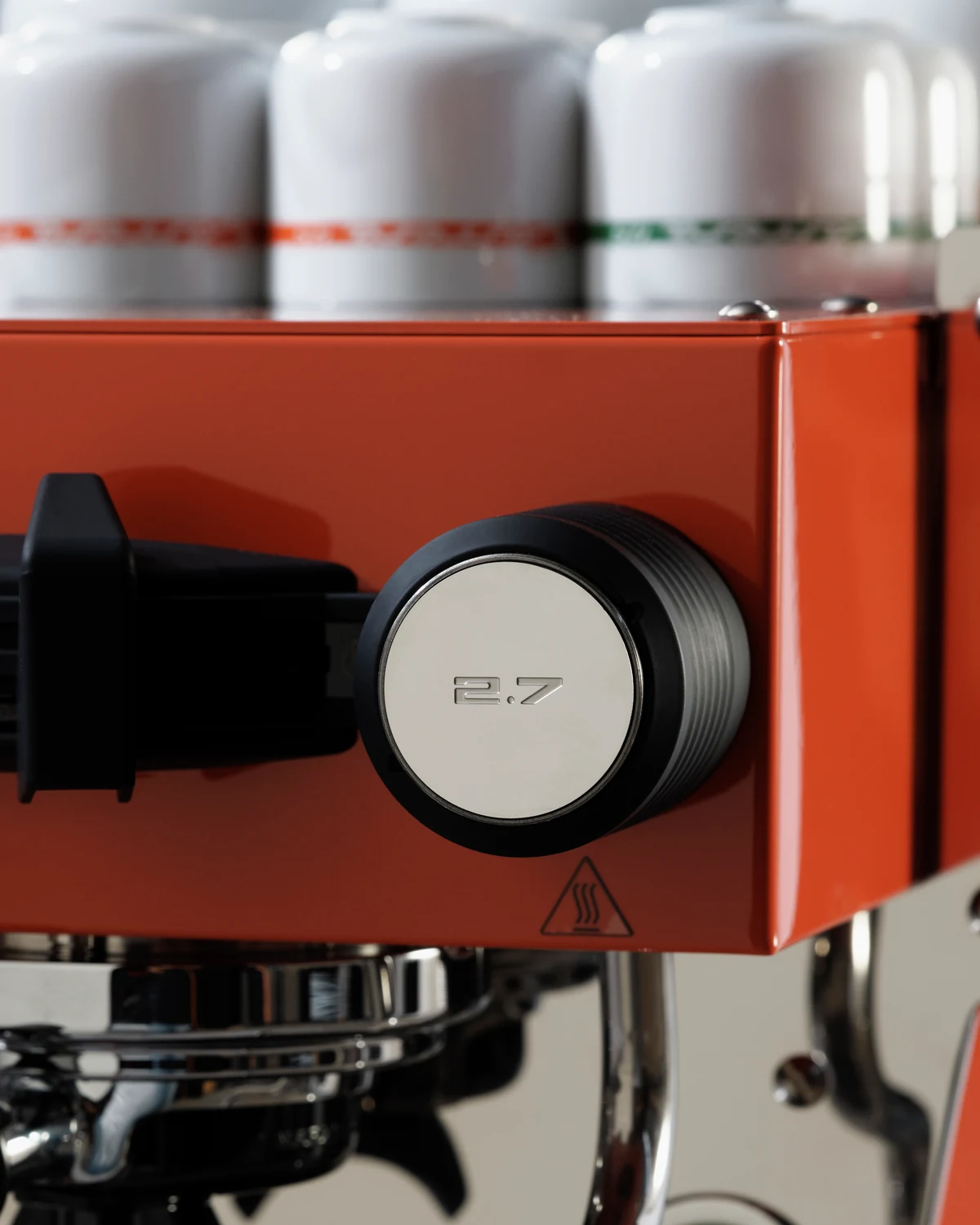 Laser-engraved 2.7 handle on the Porsche La Marzocco Linea Micra espresso machine