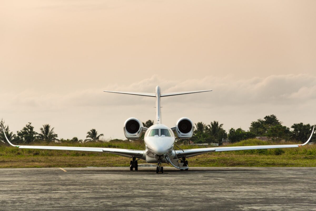 Private jet parked on a palm-lined ramp at a South Florida airport