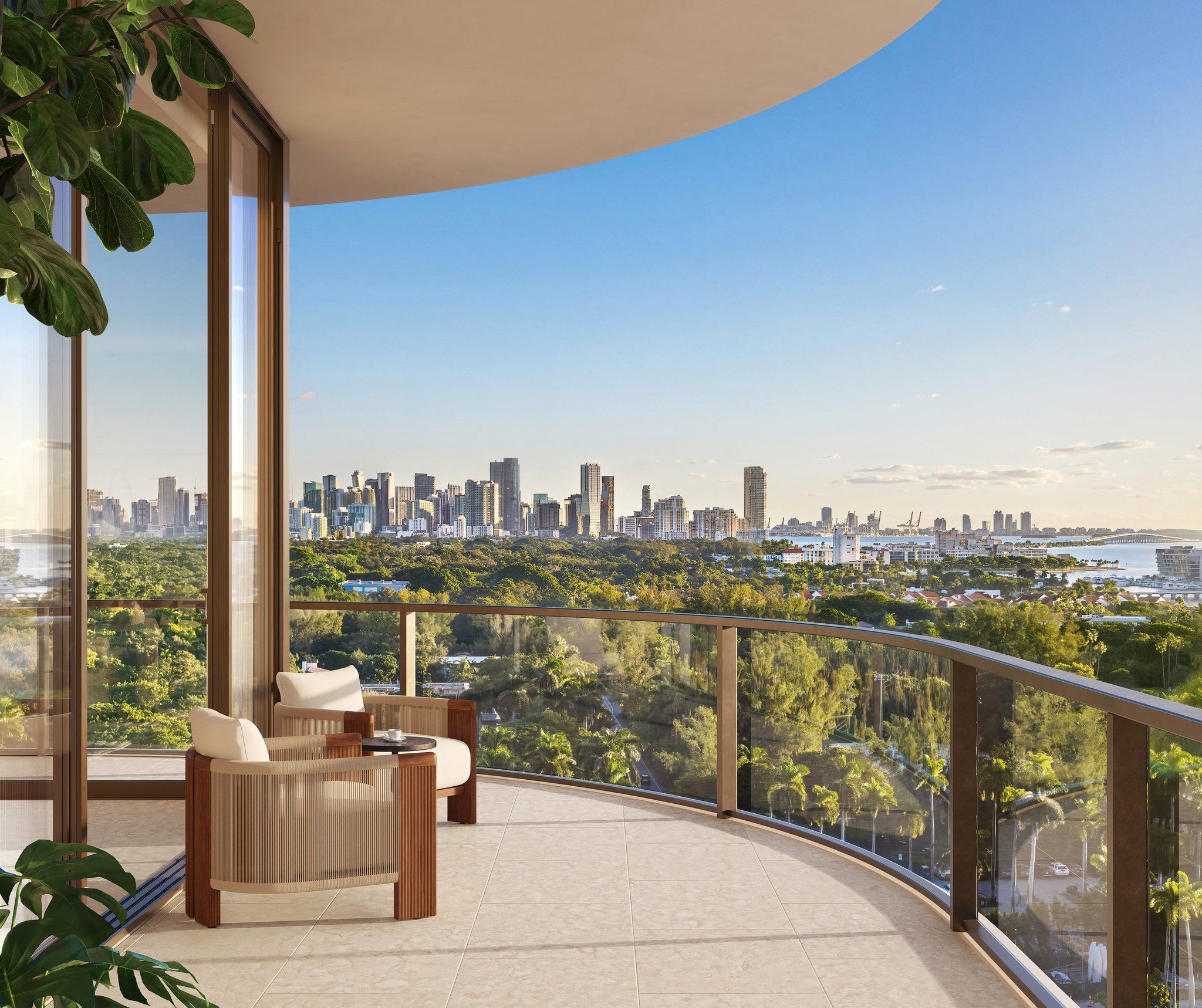 Rendering of a terrace at Raffles Residences Coconut Grove looking toward the Miami skyline