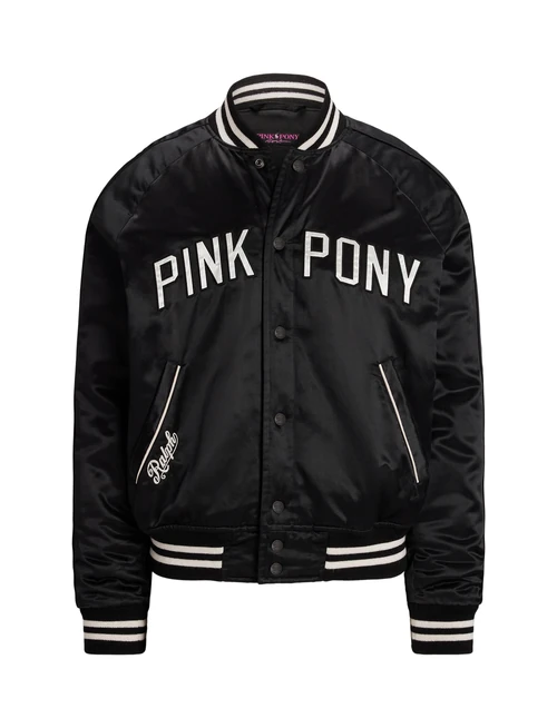Black Pink Pony Satin Baseball Jacket with white Pink Pony lettering and striped ribbed trim, from the Ralph Lauren Pink Pony 2026 collection
