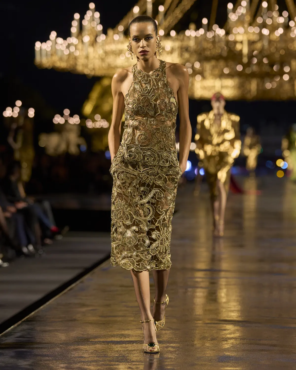 Saint Laurent Summer 2027 Look 14, a gold lace dress, at Paris Fashion Week