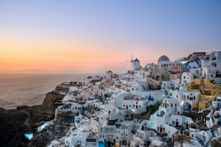 Sunset over Oia on the island of Santorini, Greece
