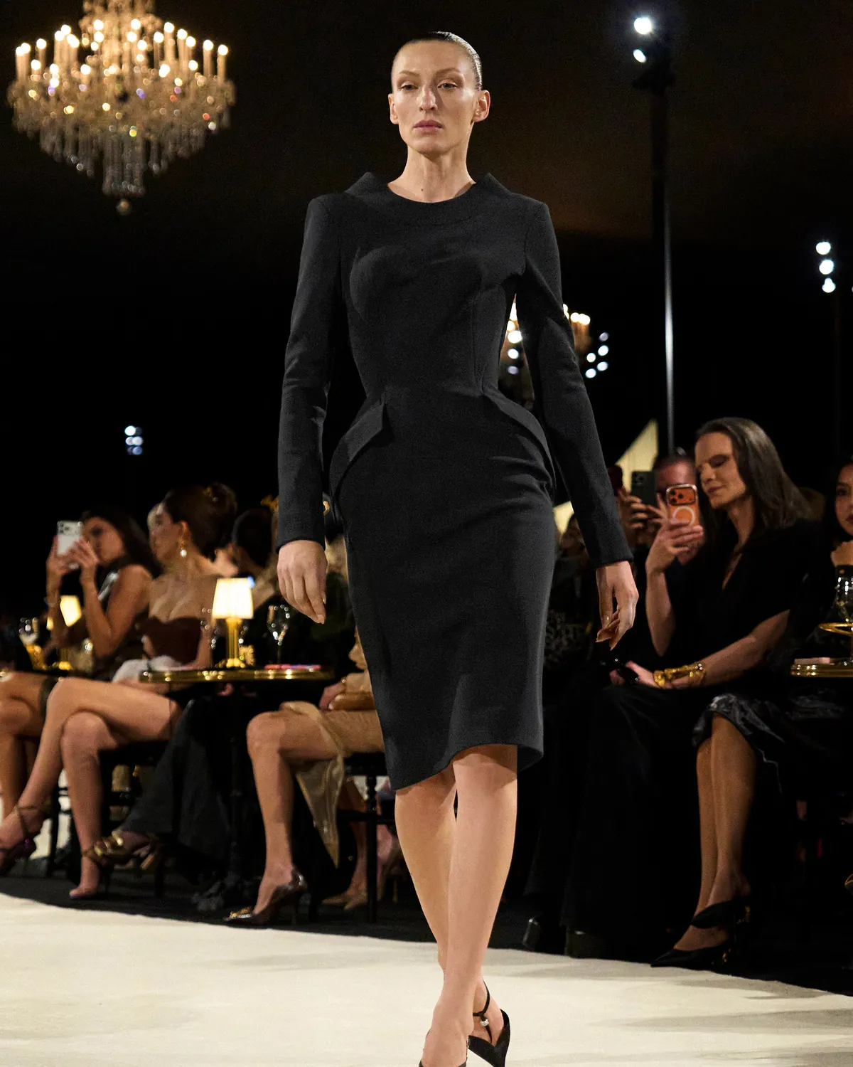 Schiaparelli Spring/Summer 2027 Look 1, a black tuxedo dress, at Paris Fashion Week