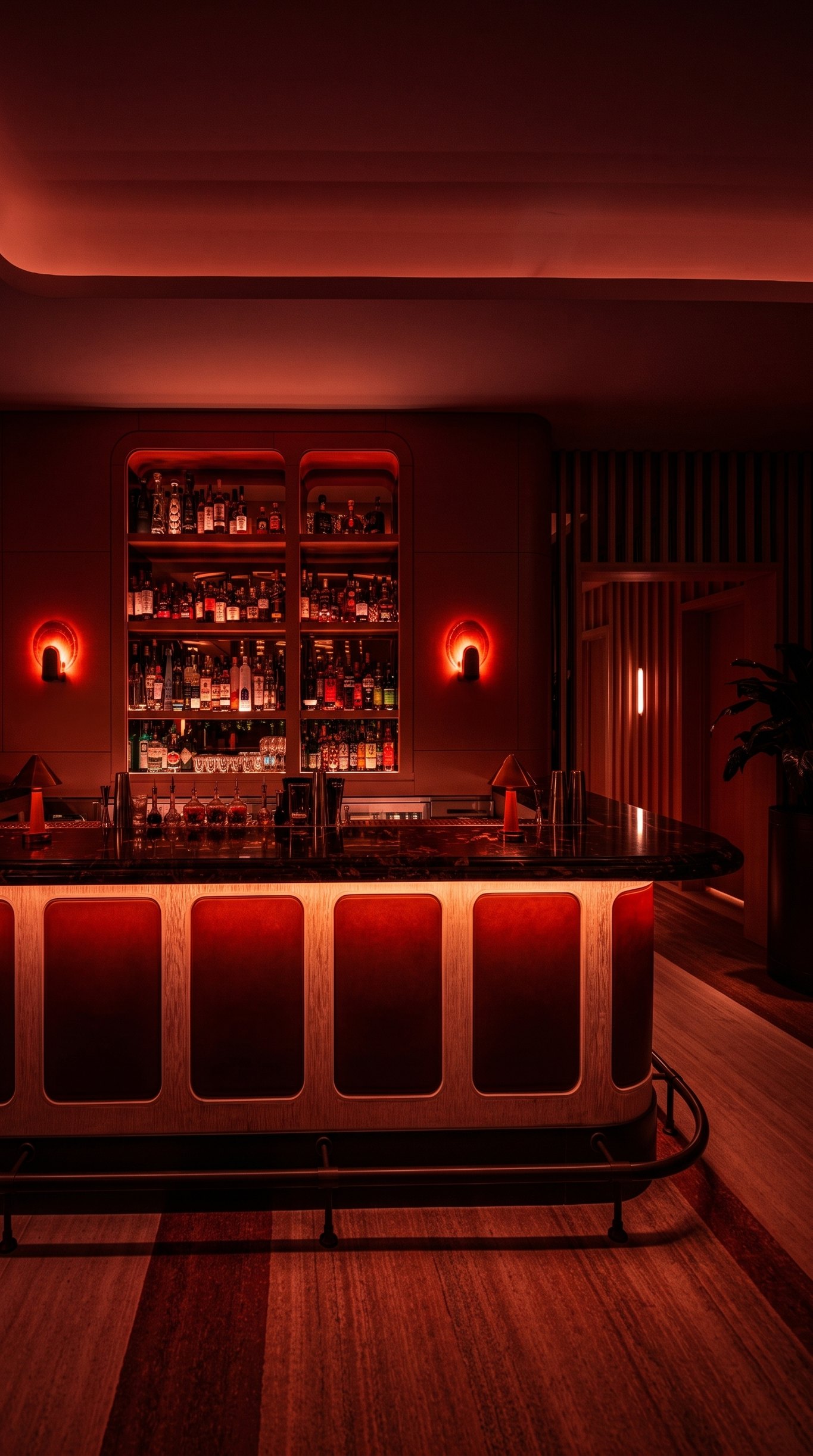 Seia’s bar glowing red for Halloween at Seia, 830 Brickell