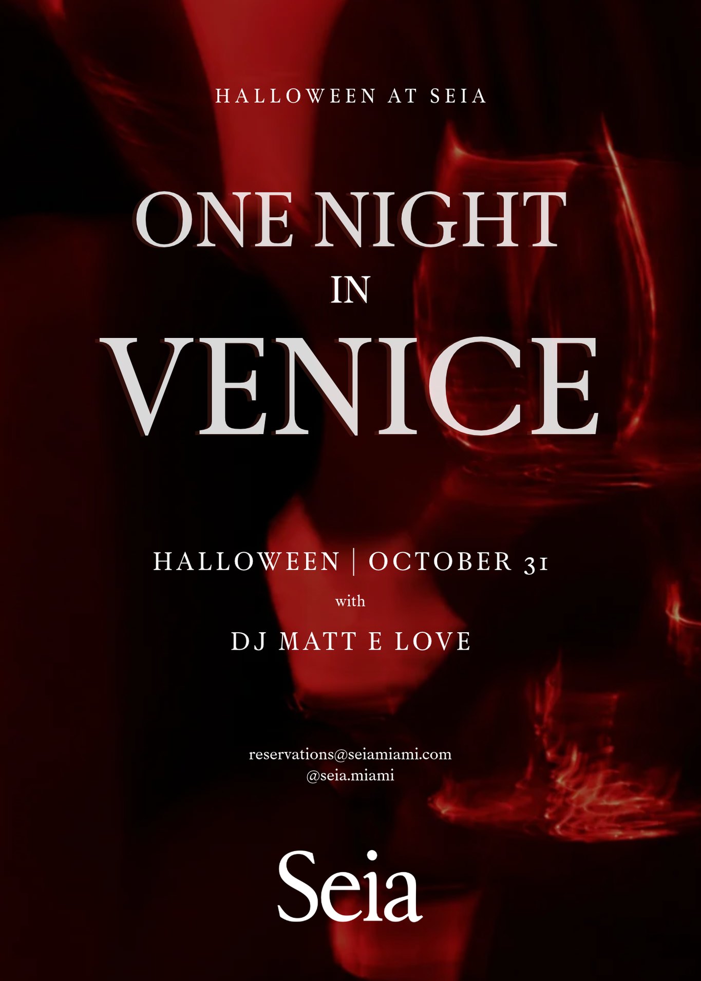 The One Night in Venice invitation for Halloween at Seia on October 31 with DJ Matt E Love
