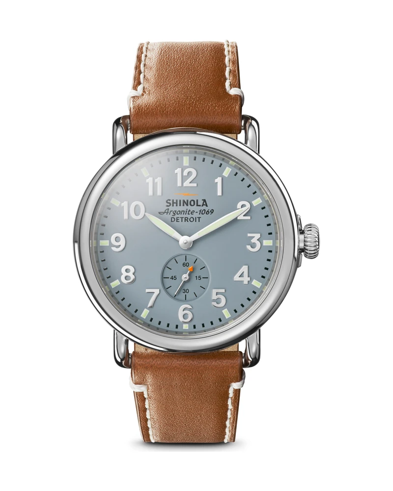 Shinola Runwell watch with blue dial and leather strap