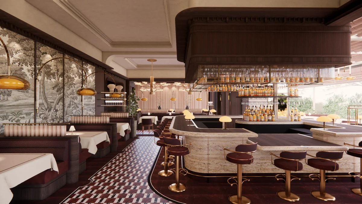 Travertine bar and burgundy banquettes at Nancy Silverton’s Spacca Tutto, one of the best new restaurants in Los Angeles