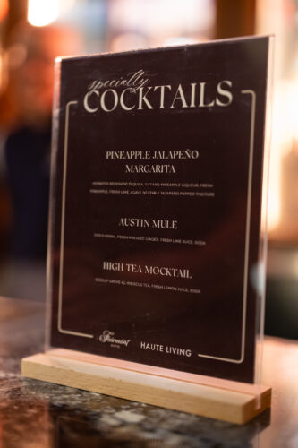 The evening’s cocktail menu: Pineapple Jalapeño Margarita, Austin Mule and High Tea Mocktail
