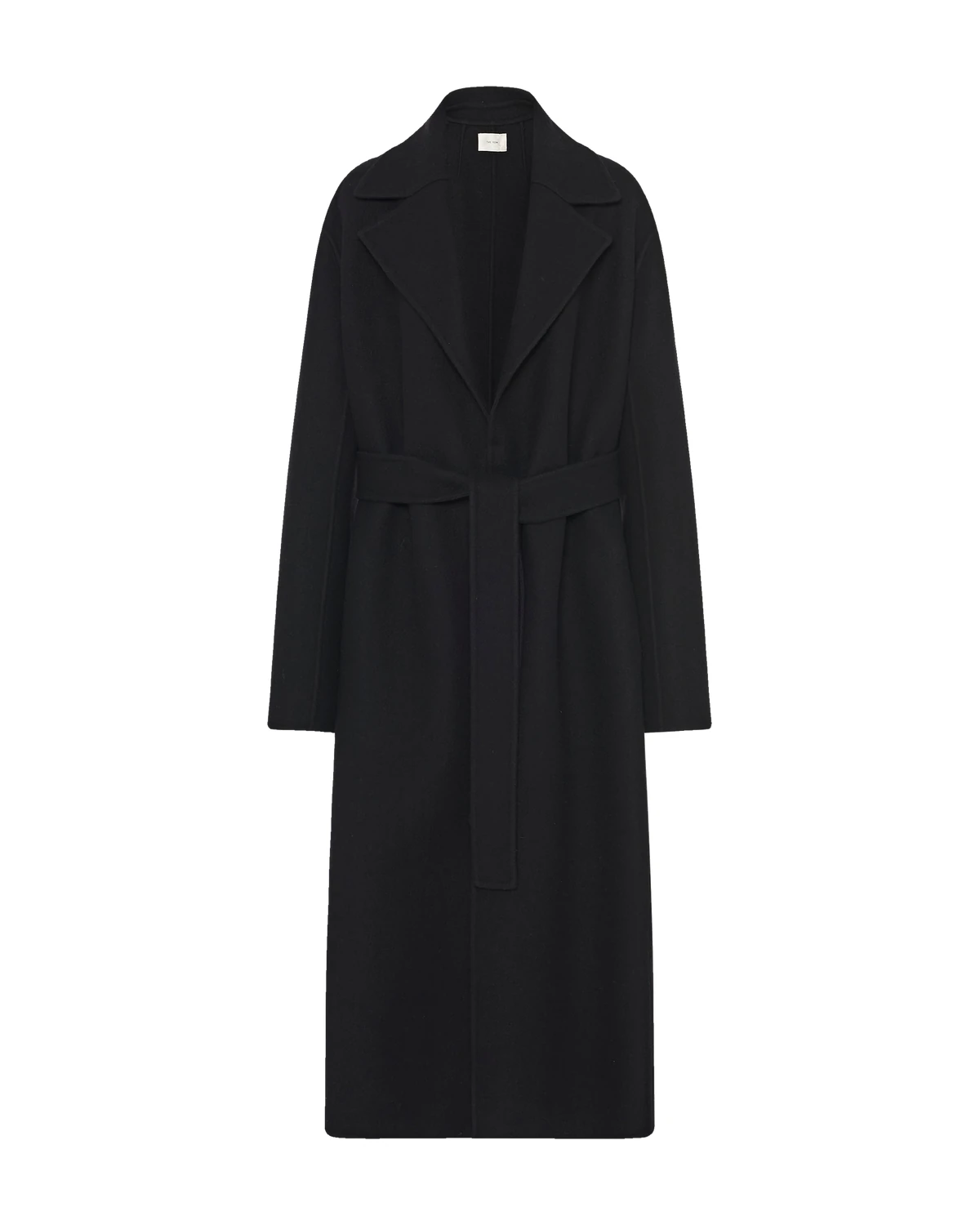 The Row Malika Coat, a black double-breasted belted wool overcoat on a white background, one of the best luxury winter coats 2026