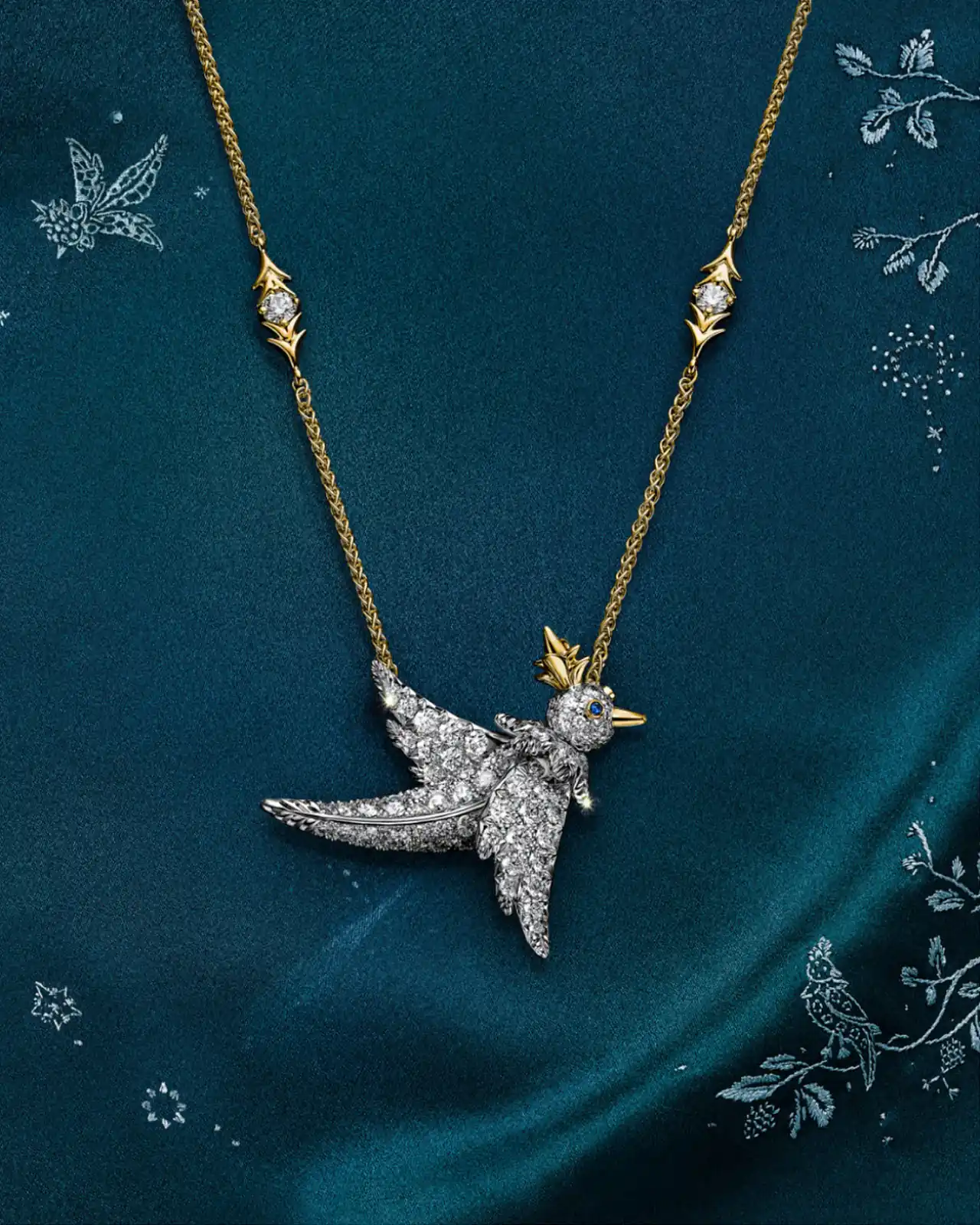 Jean Schlumberger Bird on a Rock necklace from the Tiffany & Co. 2026 holiday campaign