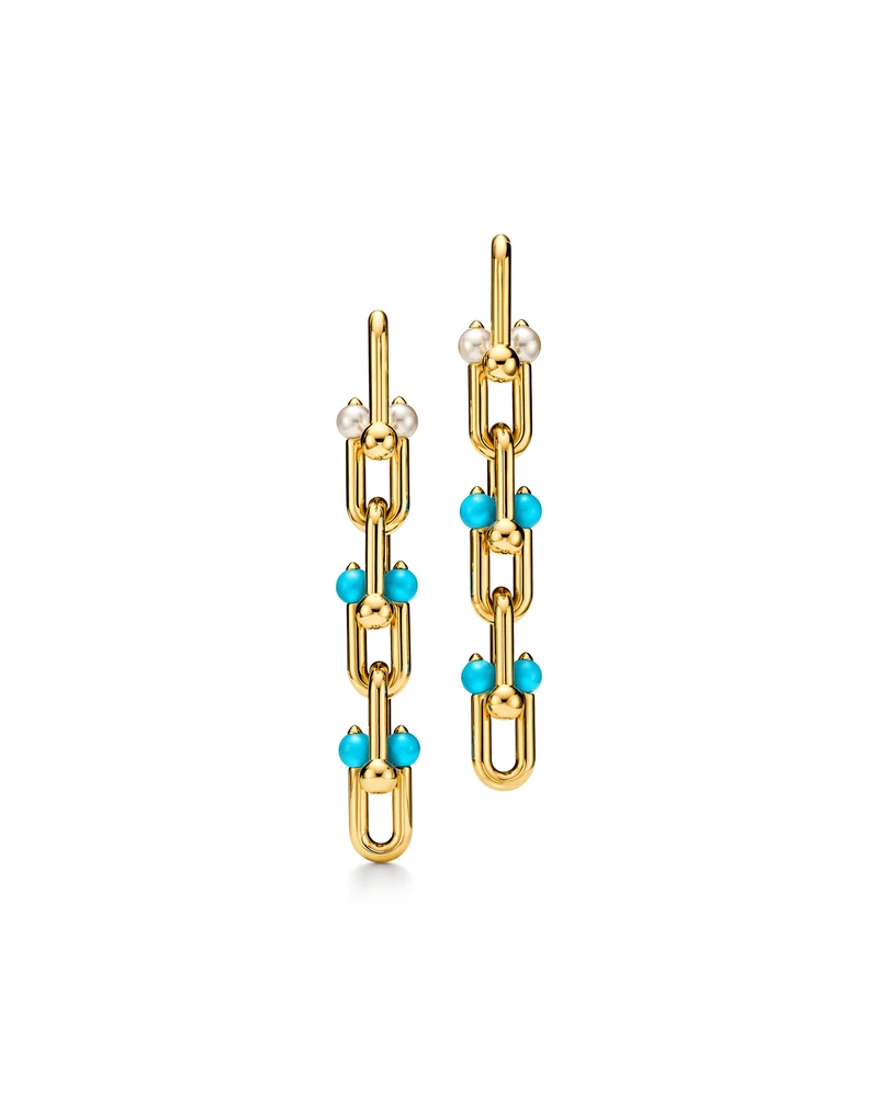 Tiffany HardWear Medium Link Drop Earrings in Gold with Pearls and Turquoise on a white background