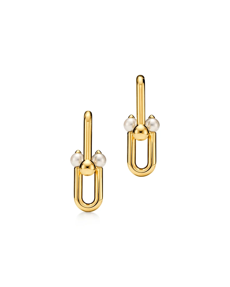 Tiffany HardWear Medium Link Earrings in Yellow Gold with Pearls on a white background