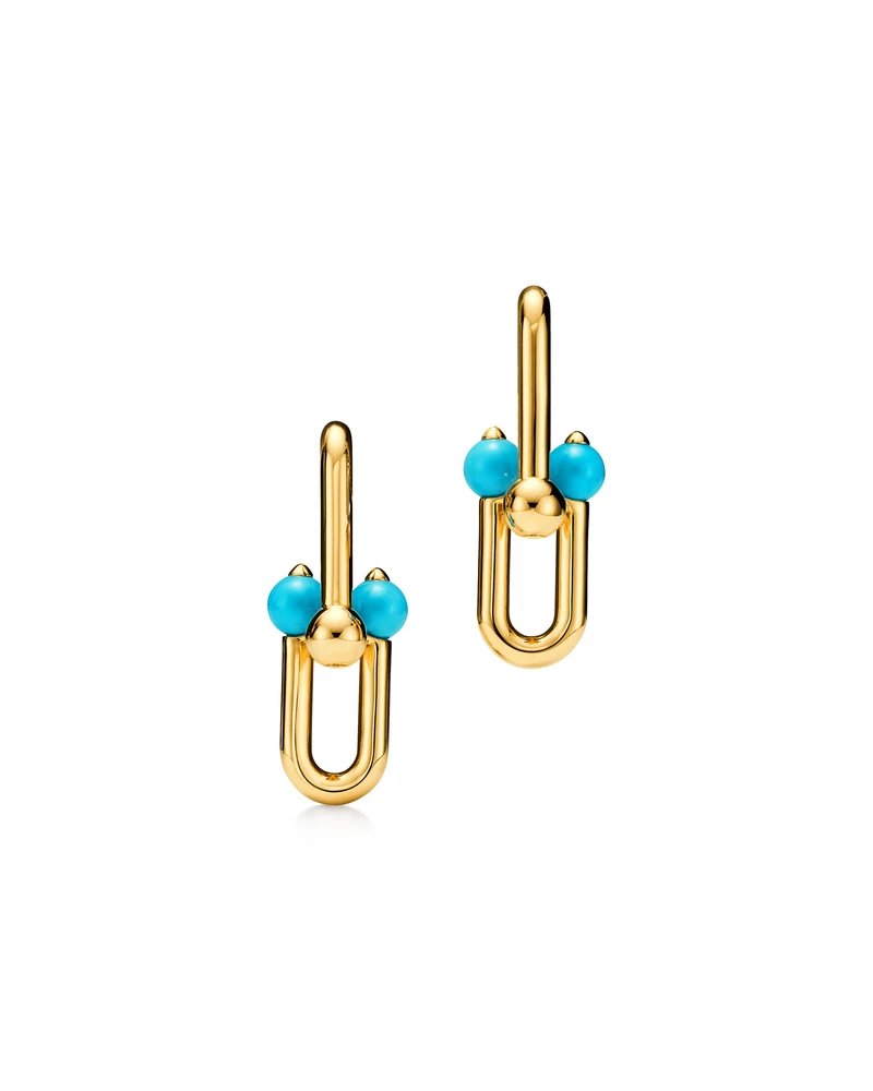 Tiffany HardWear Medium Link Earrings in Yellow Gold with Turquoise on a white background