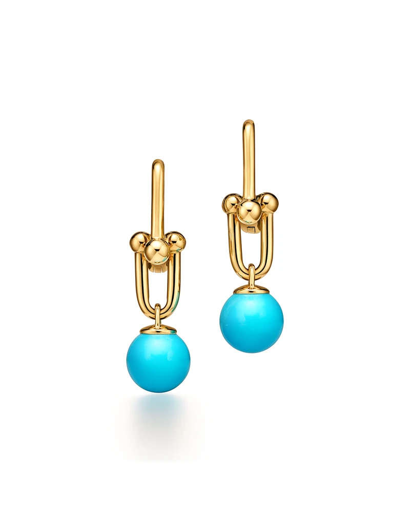Tiffany HardWear Small Link Bead Earrings in Yellow Gold with Turquoise on a white background