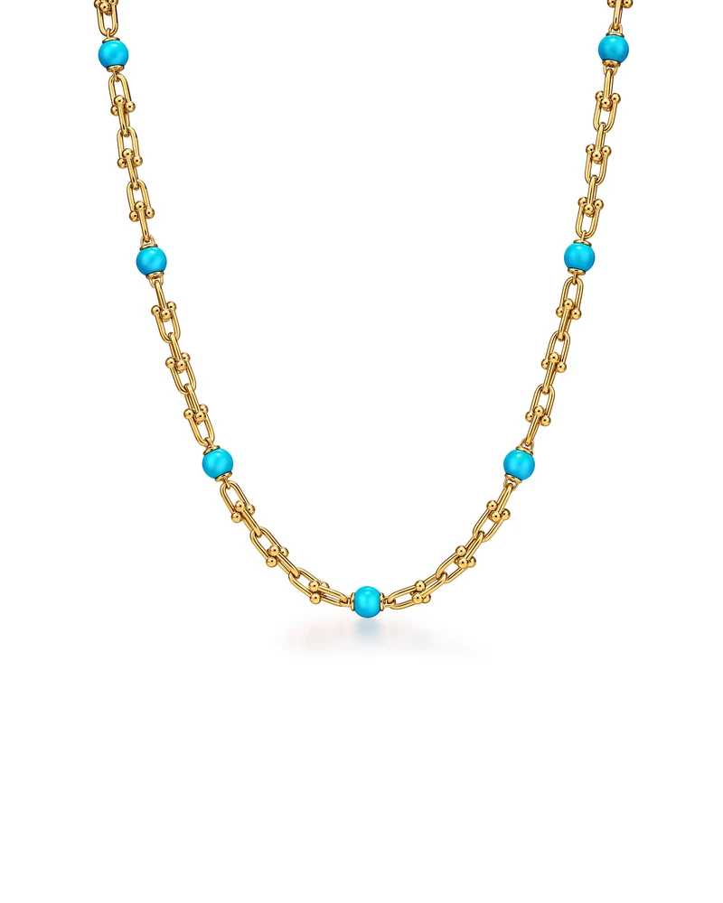 Tiffany HardWear Small Link Necklace in Yellow Gold with Turquoise on a white background