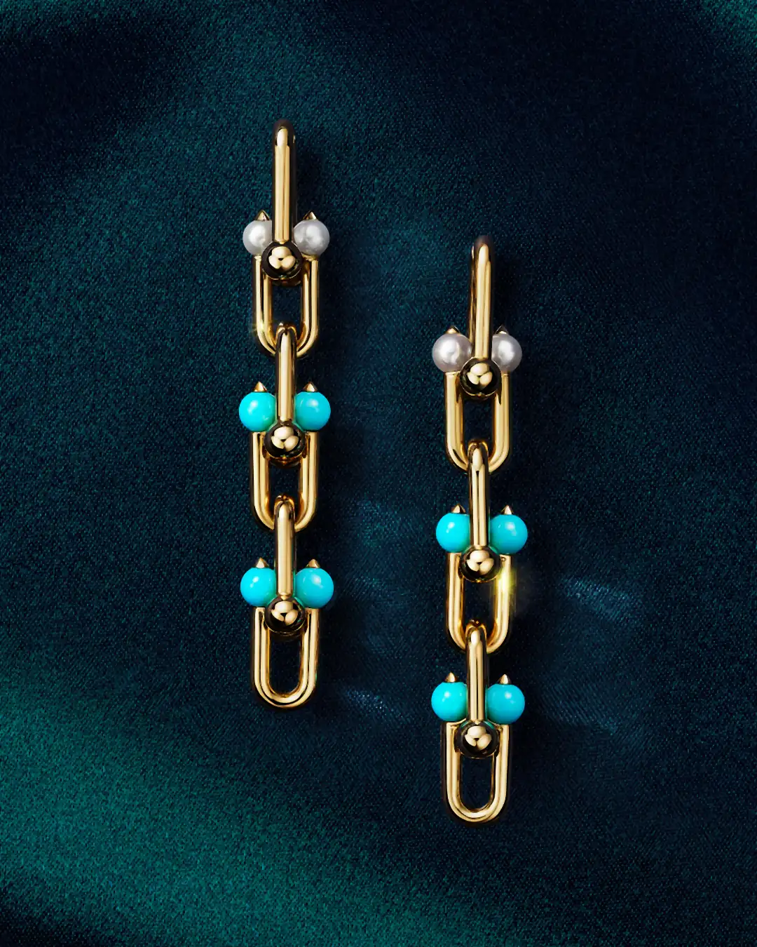 Tiffany HardWear drop earrings in 18k yellow gold with turquoise beads and Akoya pearls on dark teal satin