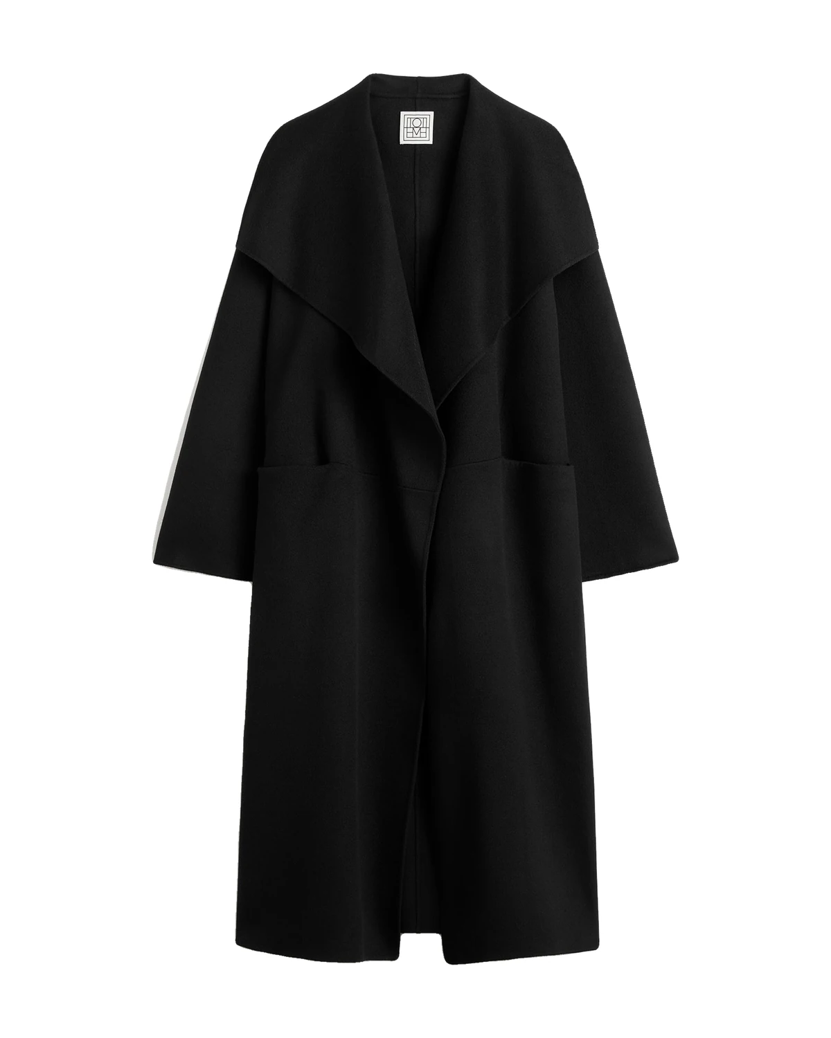 Toteme Signature Doublé Long Coat in black wool and cashmere on a white background, one of the best luxury winter coats 2026