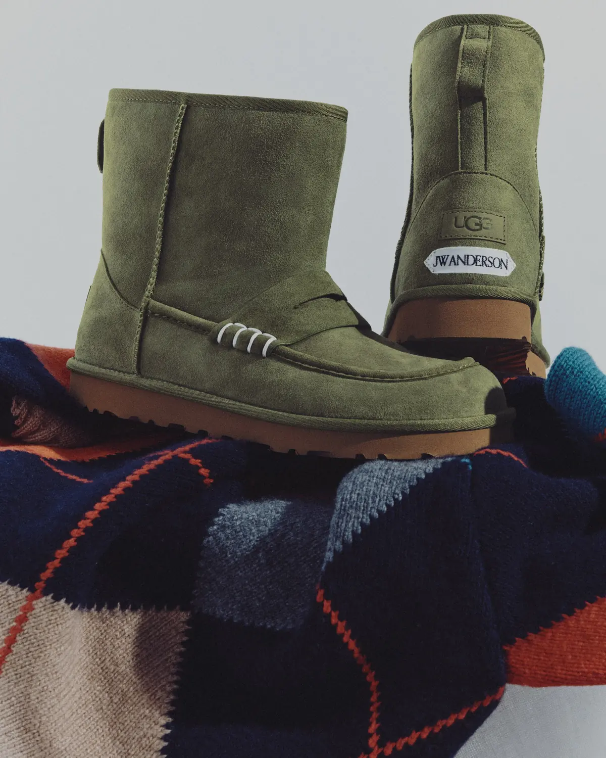Ugg x JW Anderson loafer boot in Khaki styled on a patchwork knit