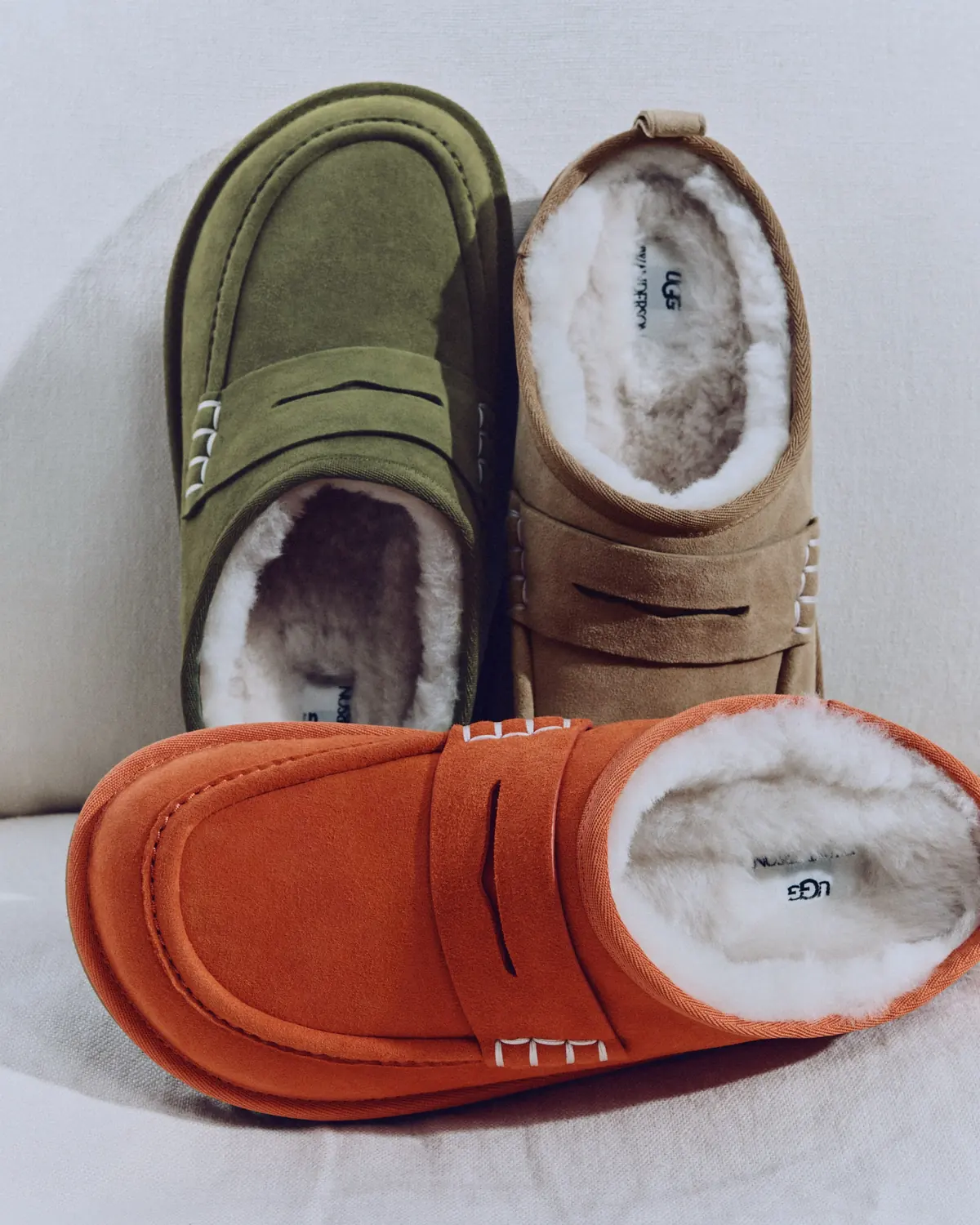 Ugg x JW Anderson loafers in Khaki, Chestnut and Orange, Ugg x JW Anderson loafer boot collection